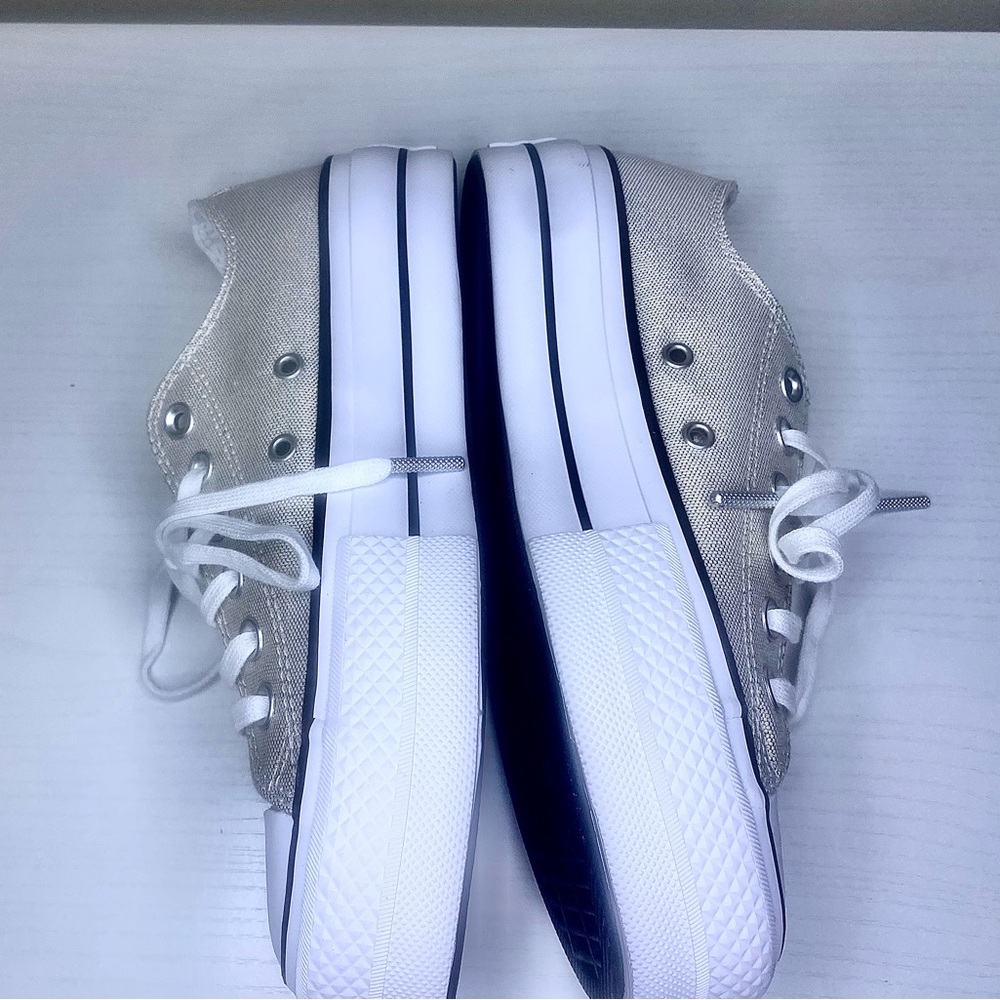 Converse Women's All Star Ox Lift Gold/Cream Sparkling Canvas Platform Sneakers - Picture 10 of 16